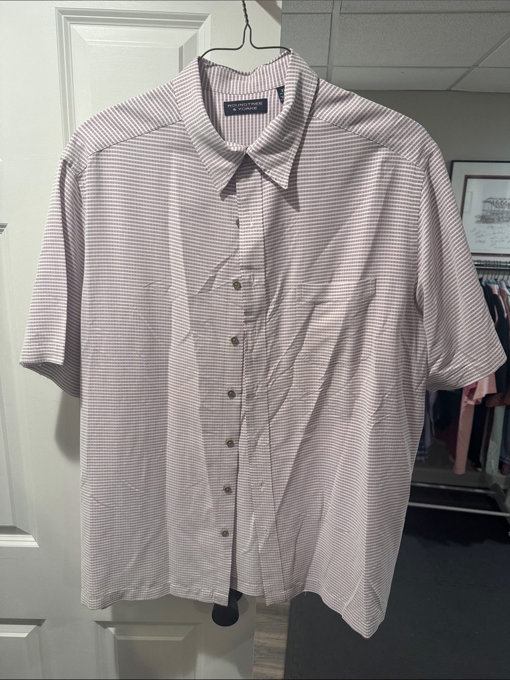 Roundtree & Yorke Men’s Short Sleeve Button-Down Shirt - Pink Stripe